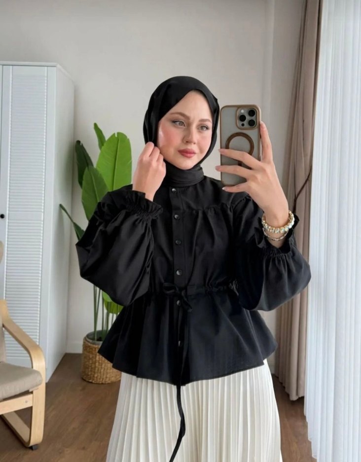 Siyah Bel Detaylı Uzun Kollu gömlek - Görsel 2