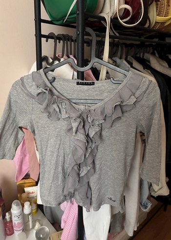 Gri V Yakalı Fırfırlı Keten Bluz - Görsel 2