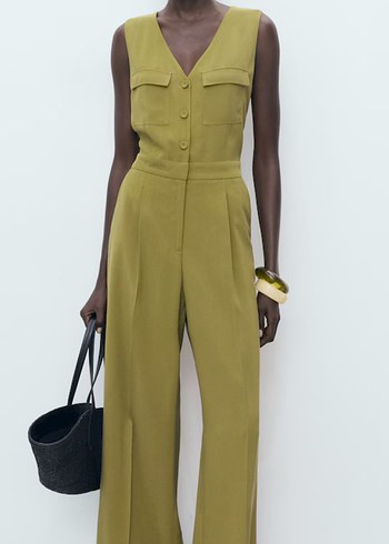 Kadın Kemerli Kolsuz Haki Tulum - Görsel 5