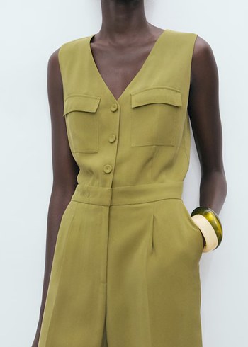 Kadın Kemerli Kolsuz Haki Tulum - Görsel 4