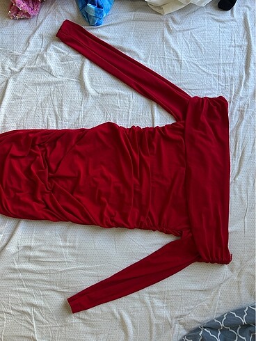 Madonna yaka kırmızı drapeli elbise - Görsel 3