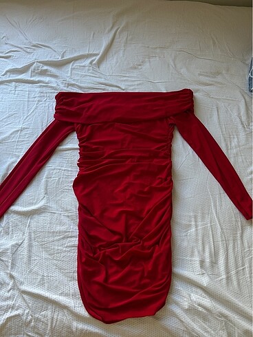 Madonna yaka kırmızı drapeli elbise - Görsel 5