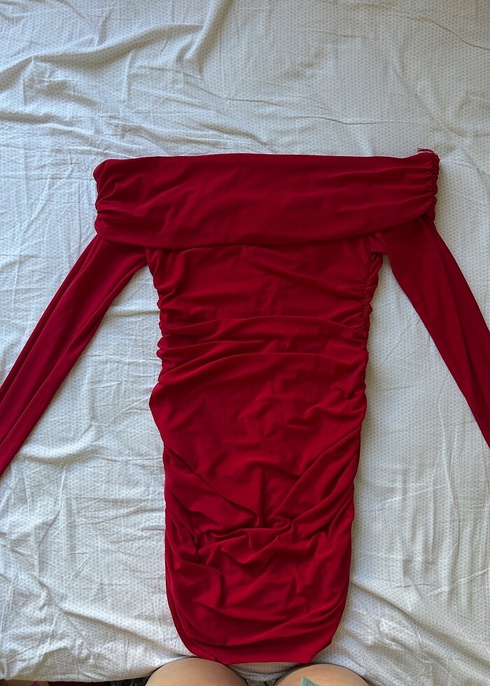 Madonna yaka kırmızı drapeli elbise - Görsel 2