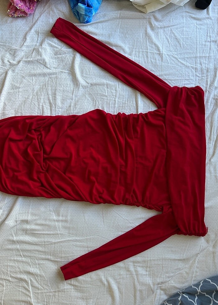 Madonna yaka kırmızı drapeli elbise - Görsel 3