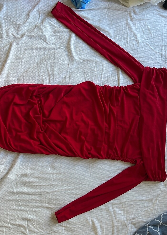 Madonna yaka kırmızı drapeli elbise - Görsel 4