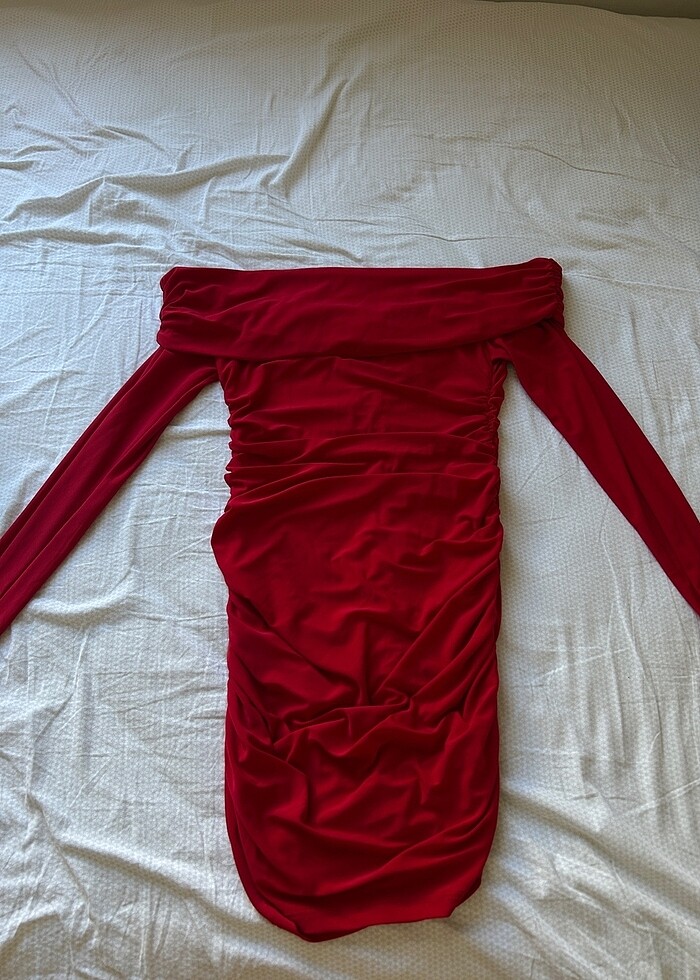 Madonna yaka kırmızı drapeli elbise - Görsel 5