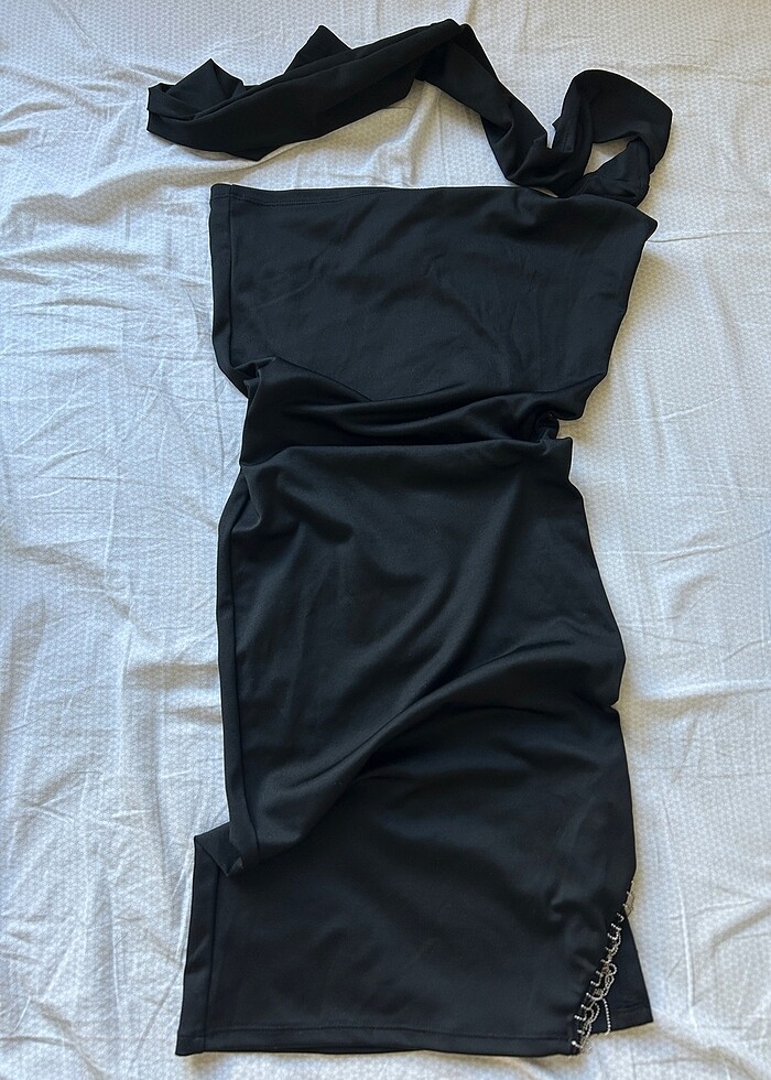 Siyah mini elbise tek kol - Görsel 3