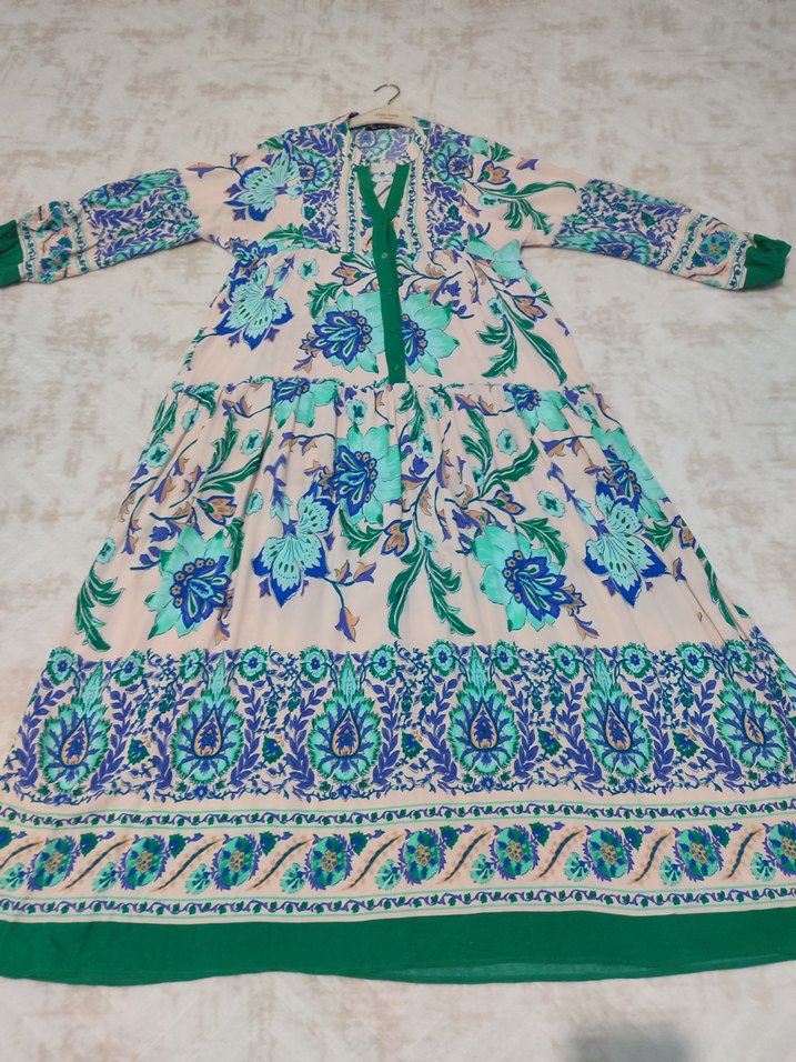 Nakışlı, Uzun Kollu, Renkli Bohem Elbise - Görsel 2