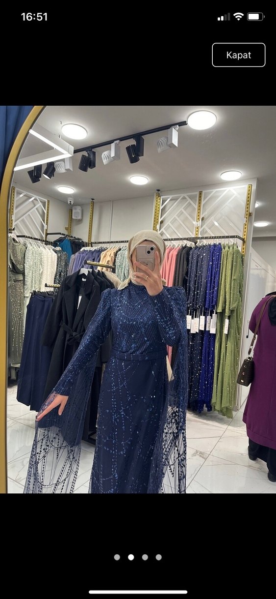 Uzun Kollu Koyu Mavi Drapeli Kadın Abiye - Görsel 3