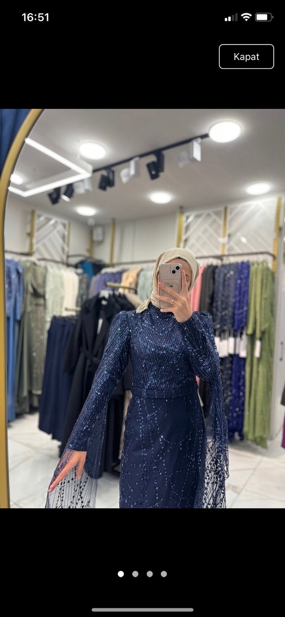 Uzun Kollu Koyu Mavi Drapeli Kadın Abiye - Görsel 2