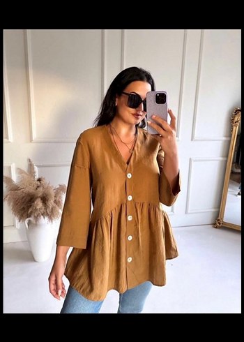 Düğmeli V Yaka Bej Keten Bluz - Görsel 2