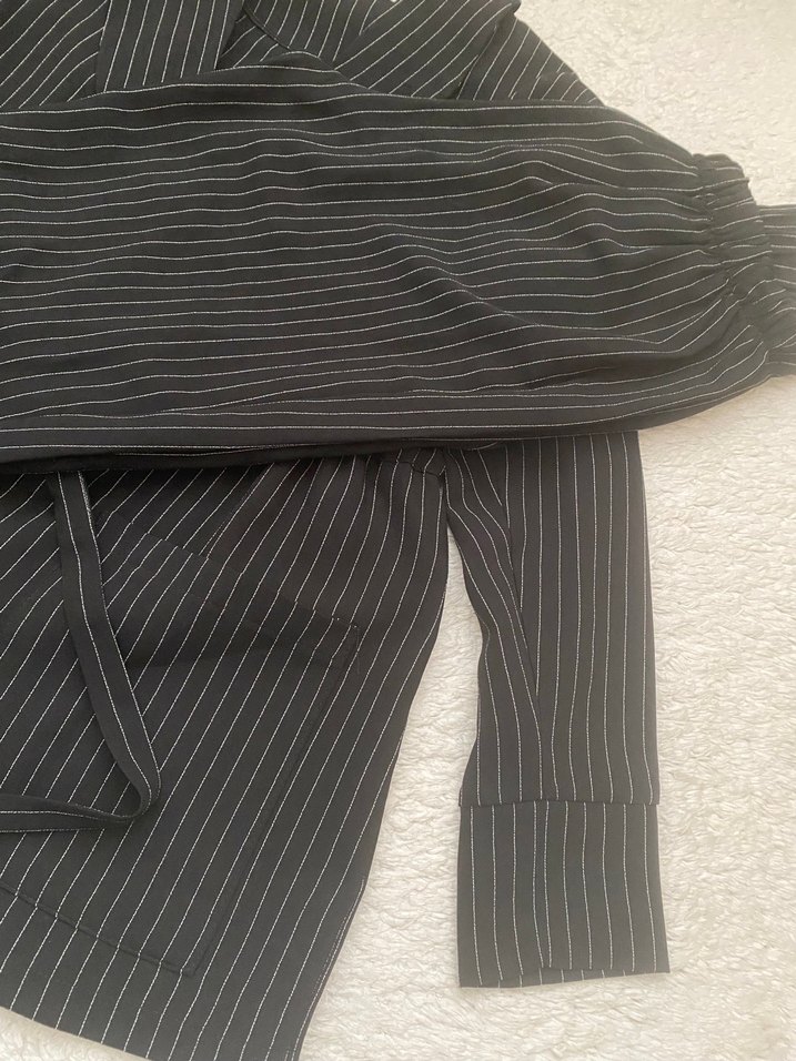 Çizgili Gri Kadın Blazer Ceket - Görsel 4