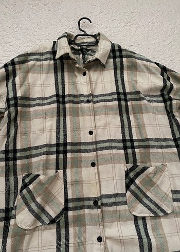 Düğmeli Bej Ekose Uzun Kollu Kadın Gömlek - Görsel 2