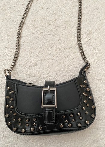 Siyah Deri Zincirli Kemerli Punk Çanta - Görsel 2