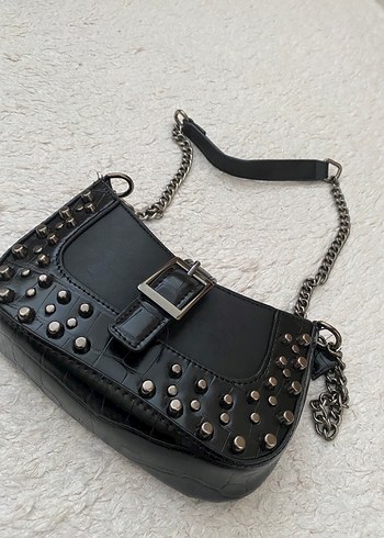 Siyah Deri Zincirli Kemerli Punk Çanta - Görsel 6