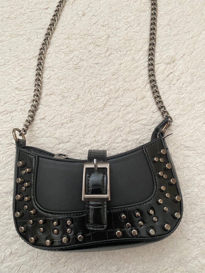 Siyah Deri Zincirli Kemerli Punk Çanta - Görsel 2