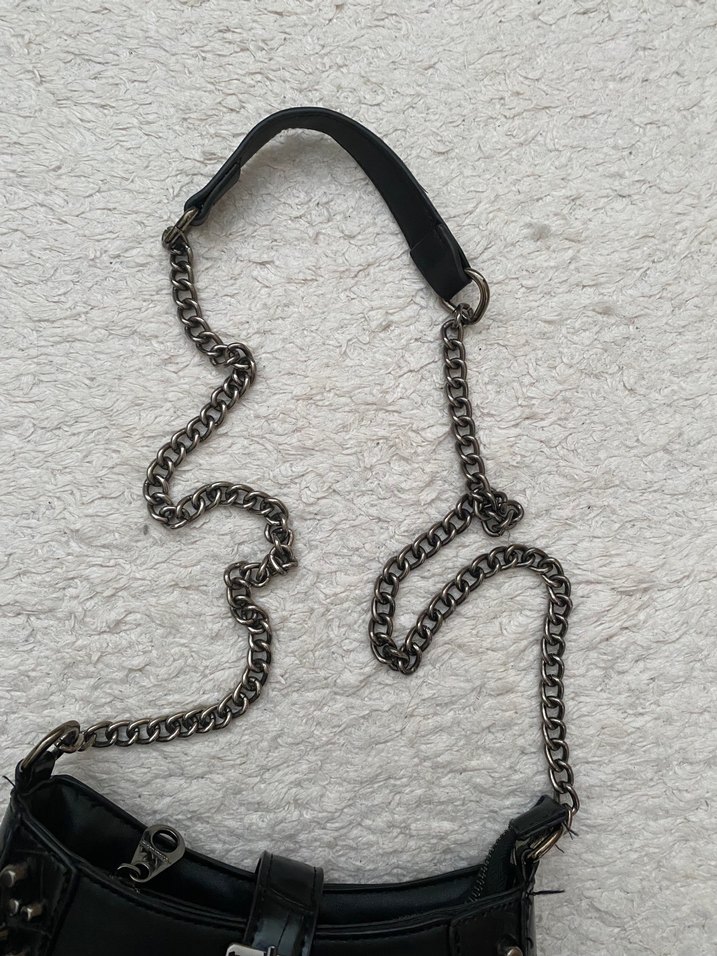 Siyah Deri Zincirli Kemerli Punk Çanta - Görsel 3