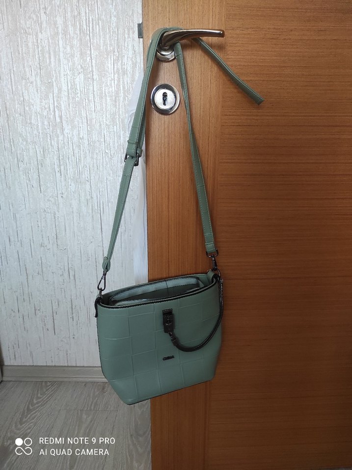 Kareli Tokalı Yeşil Deri Kadın Çanta - Görsel 4