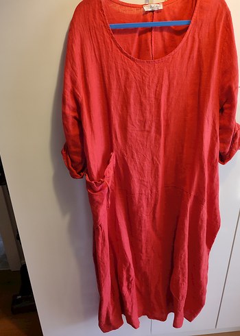 Kırmızı Keten Bohem Düğmeli elbise - Görsel 2