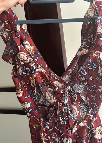 Forever 21 Bordo V Yakalı Bohem Mini Elbise - Görsel 2