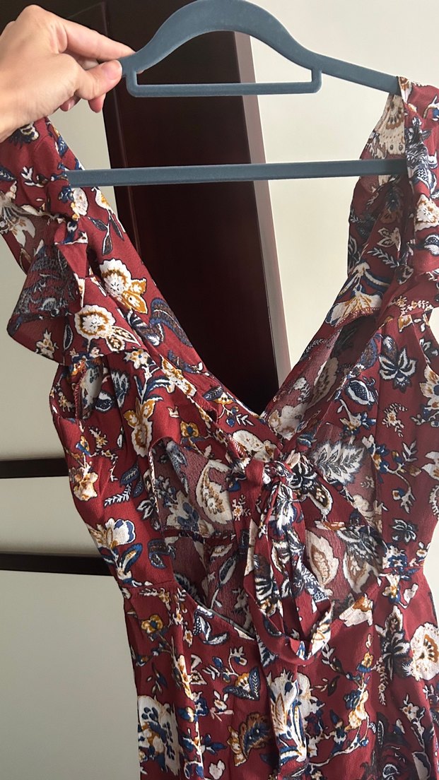 Forever 21 Bordo V Yakalı Bohem Mini Elbise - Görsel 2