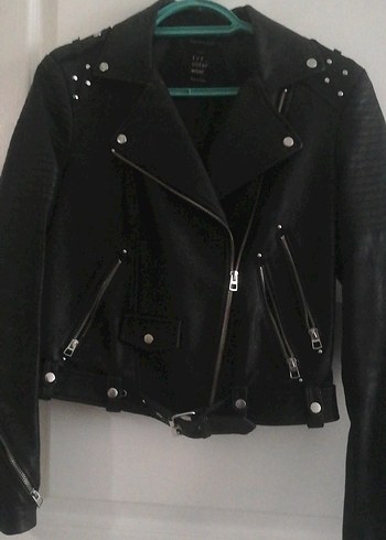 Siyah Deri Biker Ceket, Kemerli, Sıkı Kesim - Görsel 4