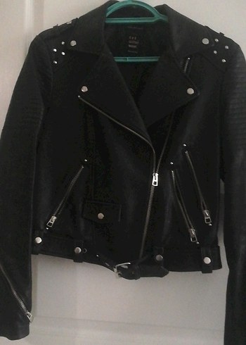 Siyah Deri Biker Ceket, Kemerli, Sıkı Kesim - Görsel 3