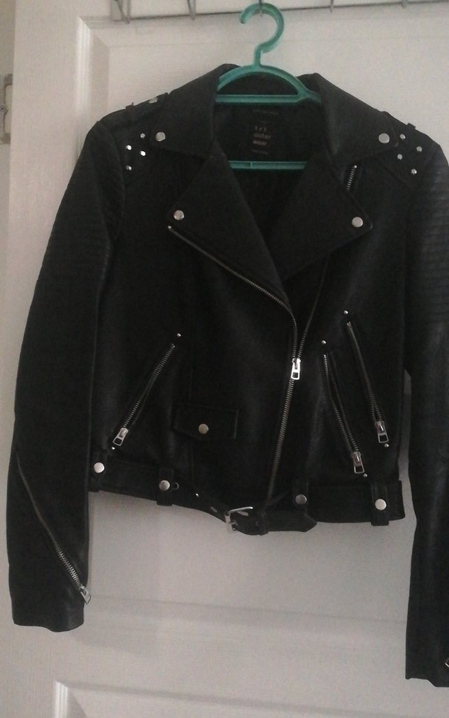 Siyah Deri Biker Ceket, Kemerli, Sıkı Kesim - Görsel 2