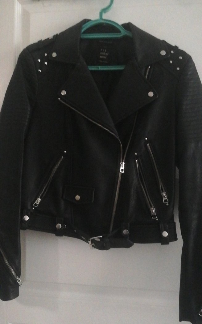 Siyah Deri Biker Ceket, Kemerli, Sıkı Kesim - Görsel 4