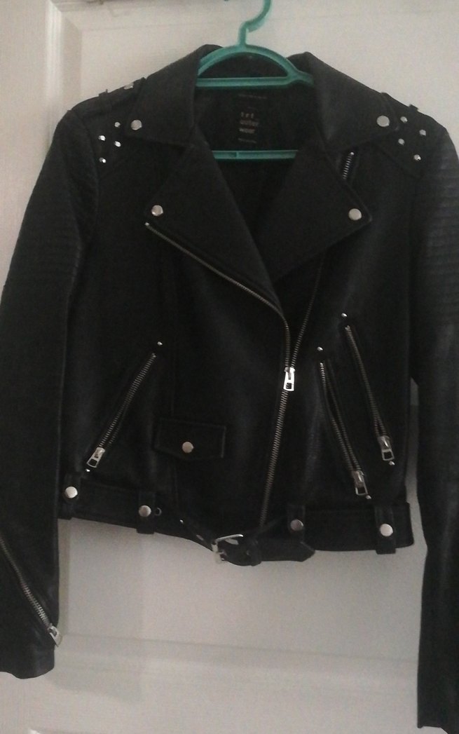 Siyah Deri Biker Ceket, Kemerli, Sıkı Kesim - Görsel 3
