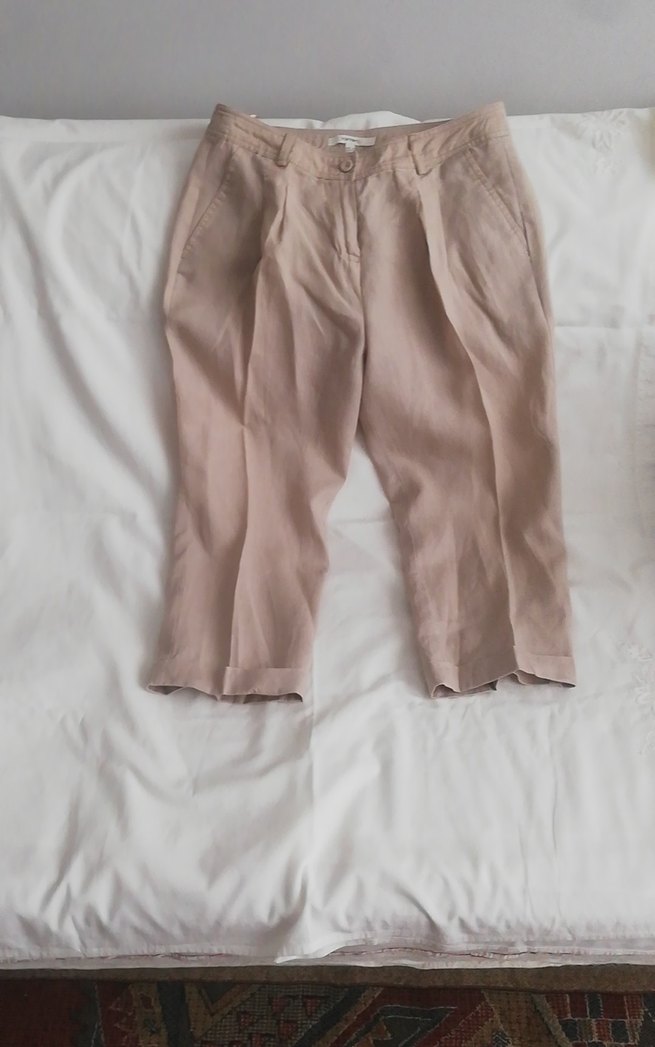 Kadın Bej Keten Midi Kumaş Pantolon - Görsel 3