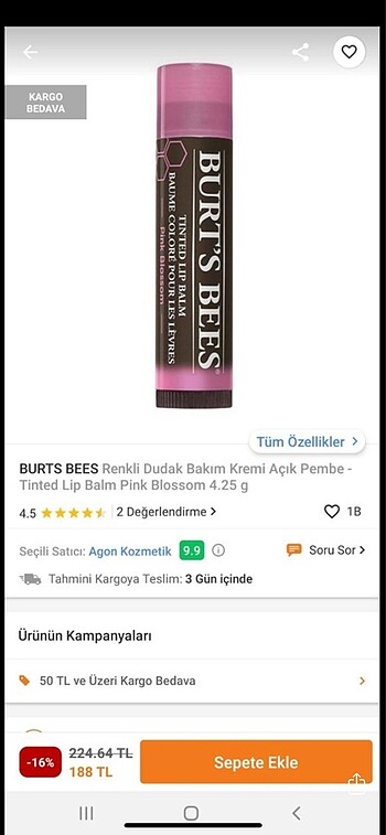  Beden Burt?s Bees Pink Blossom Tinted Lip Balm