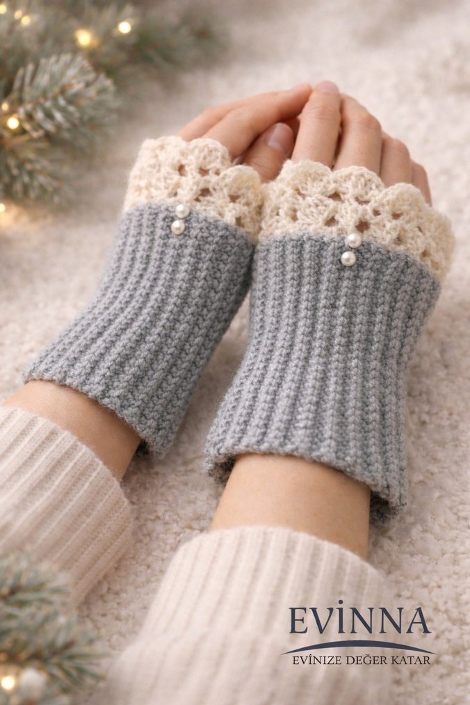 Gri Örgü Bohem Kadın Eldiveni - Görsel 2