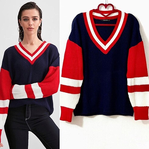 Oversize Renk Bloklu Çizgili Triko Kazak