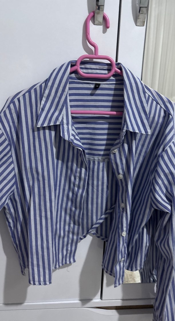 Mavi Beyaz Çizgili Mini Gömlek - Görsel 4