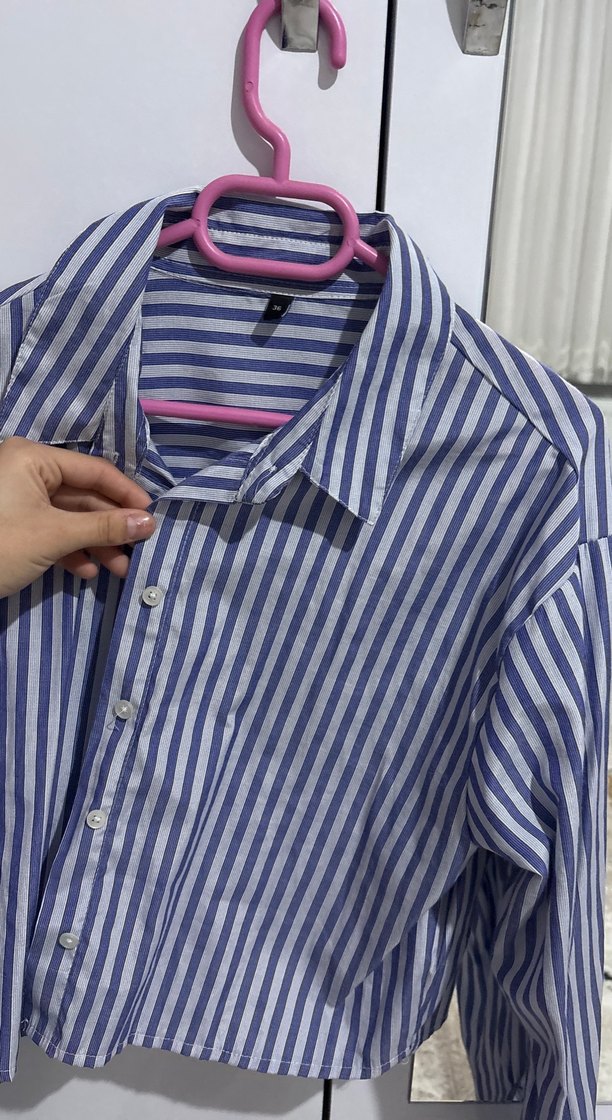 Mavi Beyaz Çizgili Mini Gömlek - Görsel 5