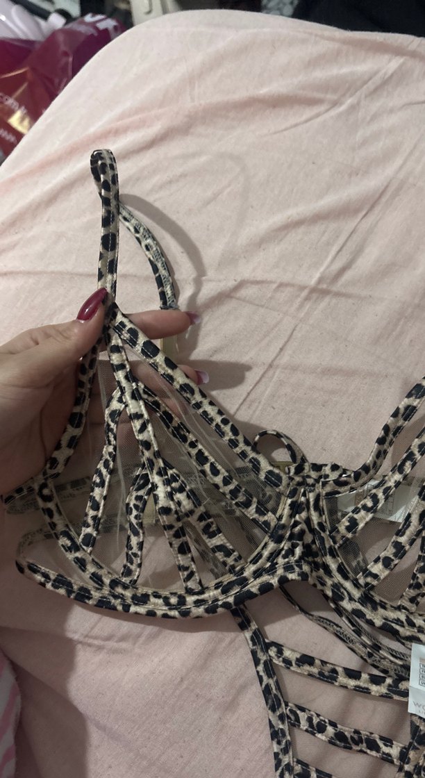 Leopar Desenli Bej Gri Sütyen ve Külot Takımı - Görsel 2