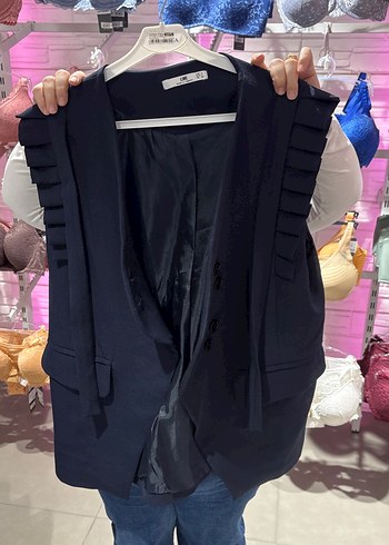 Düğmeli Koyu Mavi Kadın Yelek Ceket - Görsel 4