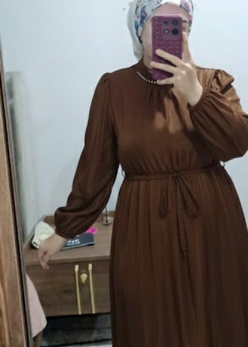 Kahverengi Pilili Uzun Kollu Elbise - Görsel 3