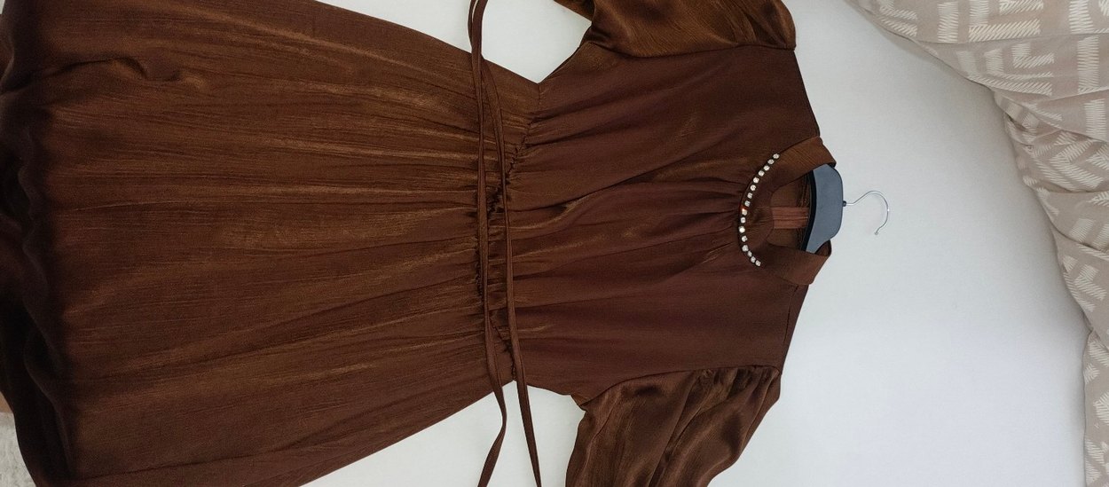 Kahverengi Pilili Uzun Kollu Elbise - Görsel 2