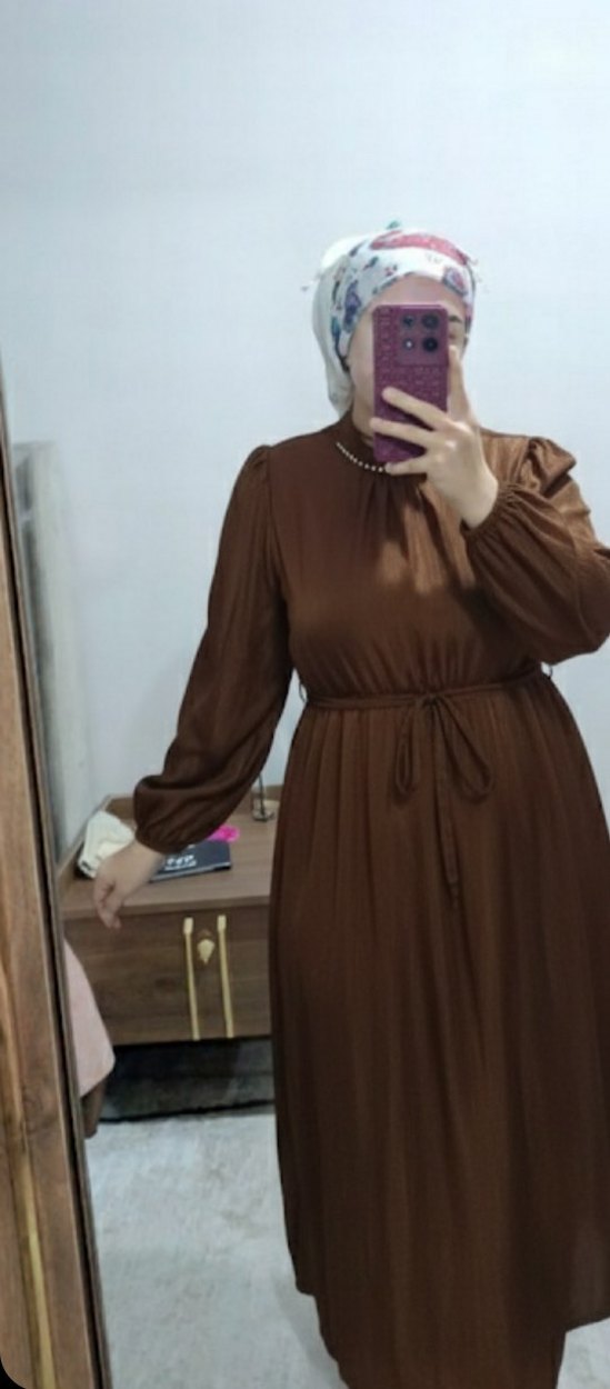 Kahverengi Pilili Uzun Kollu Elbise - Görsel 3