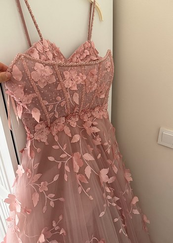 Pembe Straplez Çiçekli Uzun Abiye Elbise NİŞAN - Görsel 4