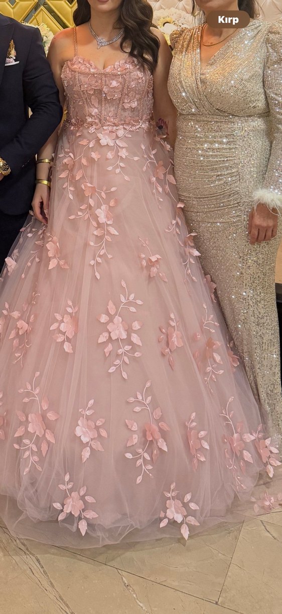 Pembe Straplez Çiçekli Uzun Abiye Elbise NİŞAN - Görsel 2
