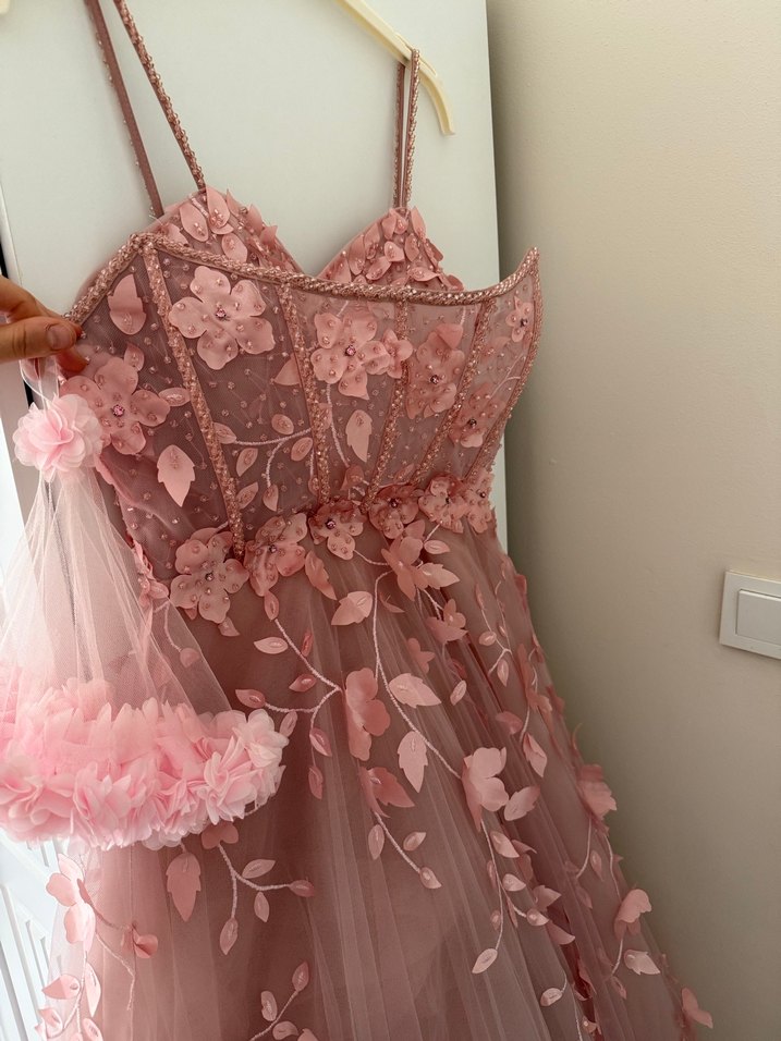 Pembe Straplez Çiçekli Uzun Abiye Elbise NİŞAN - Görsel 3
