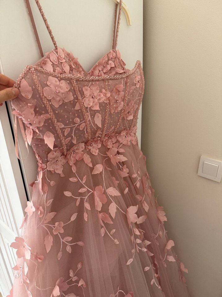 Pembe Straplez Çiçekli Uzun Abiye Elbise NİŞAN - Görsel 4