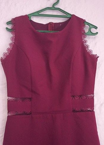 Bordo Dantel Detaylı Midi Abiye Elbise