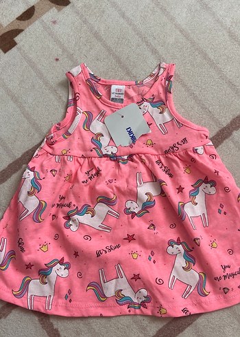 Kız Çocuk Pembe Unicorn Baskılı Fırfırlı Elbise 3/6/ ile 6/9 var