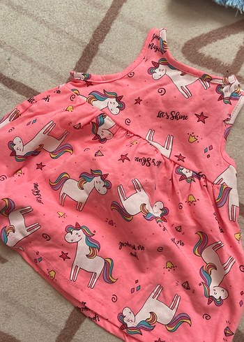 6-9 Ay Beden Kız Çocuk Pembe Unicorn Baskılı Fırfırlı Elbise 3/6/ ile 6/9 var