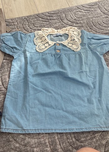 Kız Çocuk Mavi Denim Dantel Yakalı Bluz yaş belirtn