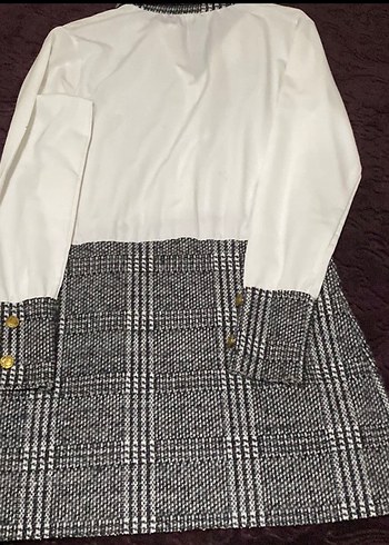 Düğmeli Beyaz ve Gri Ekoseli kısa Kadın Elbisesi - Görsel 5